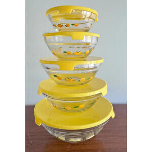 Vintage Citrus-Orange Glass Nesting Mixing Bowls Yellow Lids Set Of 5 Retro bowl
